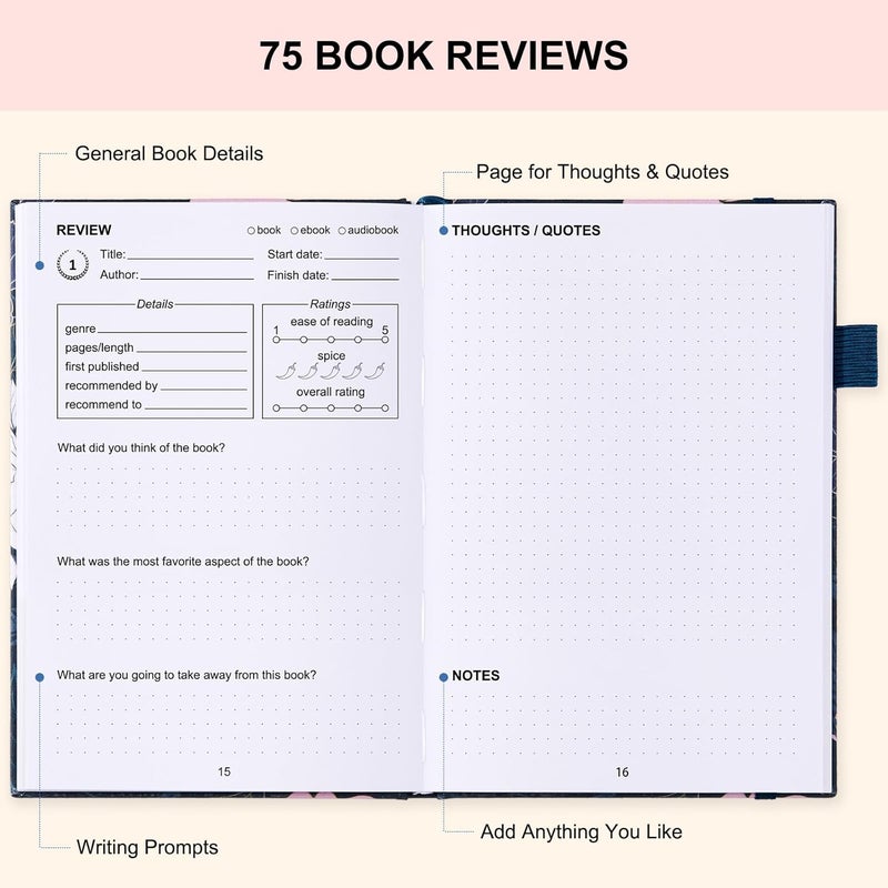 COMKISO Store Reading Journal for Book Lovers - 75 Book Journal Reading Log for Book Tracking, A5 Linen Book Review Journal with TBR Tracker List, Ratings, Challenges, Prompts, and Index - Peony - Image 4